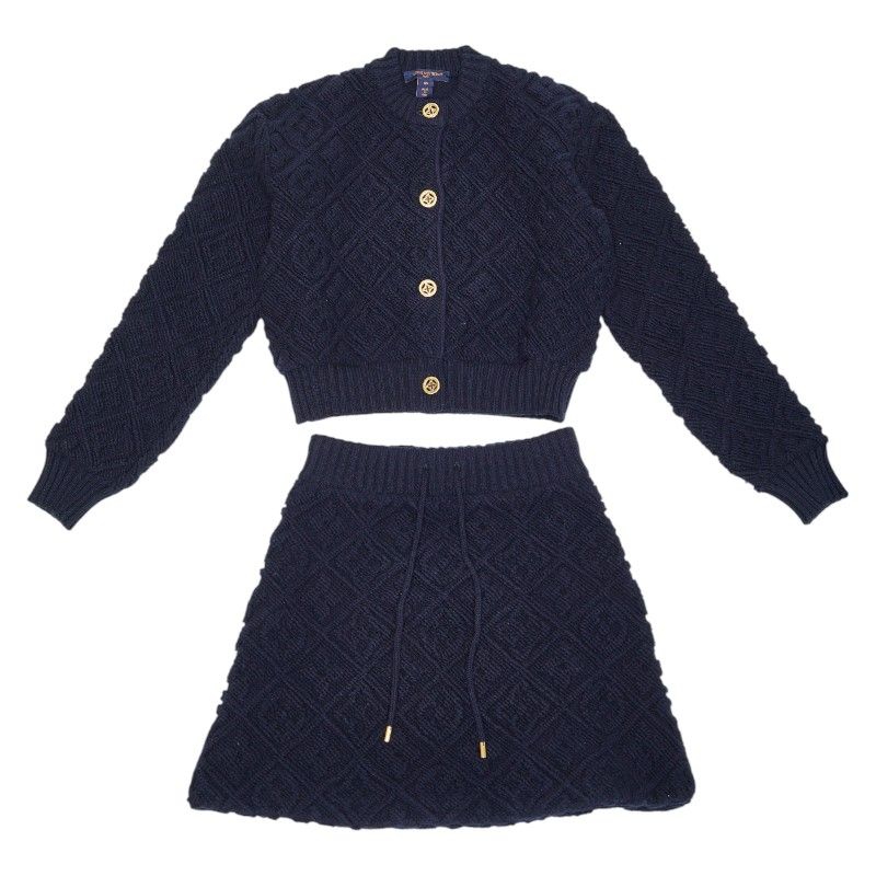 ルイ ヴィトン 25 SS モノグラムタオリング フラワー ジャガード セットアップ クロップド カーディガン ミニスカート サイズXS ネイビー ウール カシミヤ ポリアミド ポリウレタン レディース LOUIS VUITTON 1-0248404