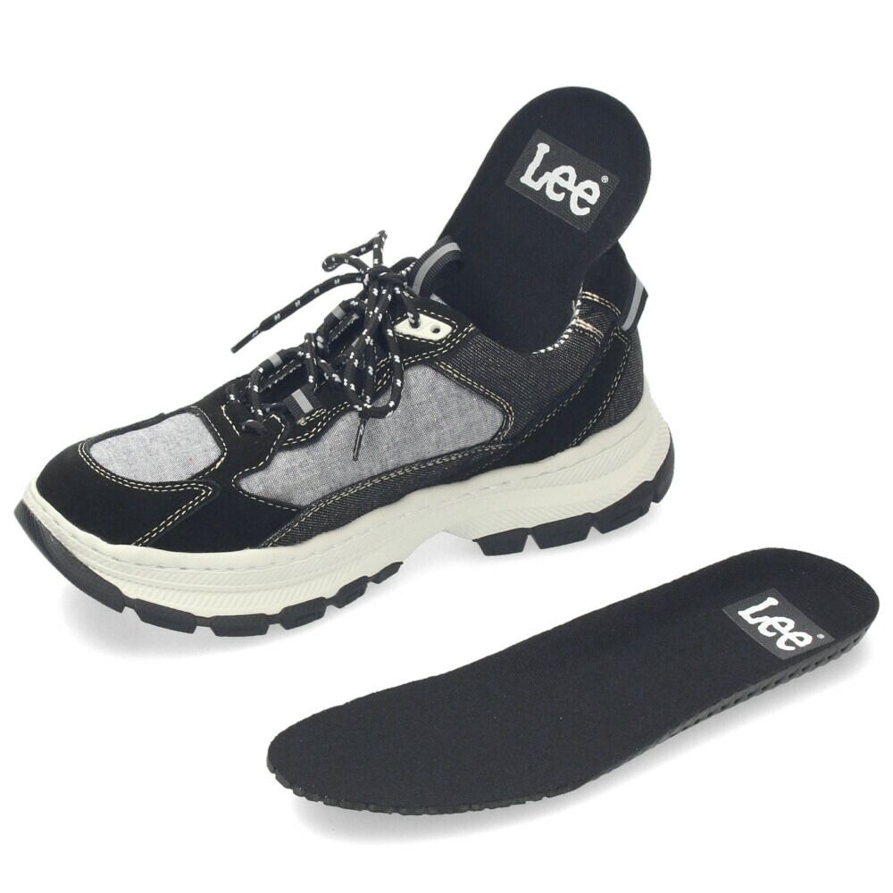 Lee スニーカー メンズ 靴 黒 ブラック 厚底 本革 レザー デニム 紐