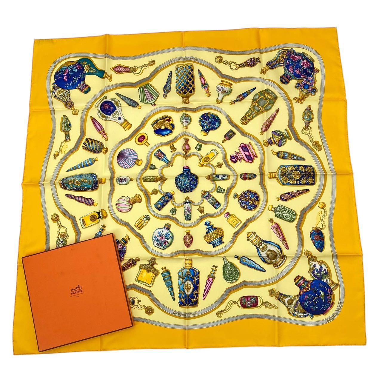 HERMES エルメス スカーフ カレ90 シルク Quimporte Le Flacon 香水瓶 イエロー き