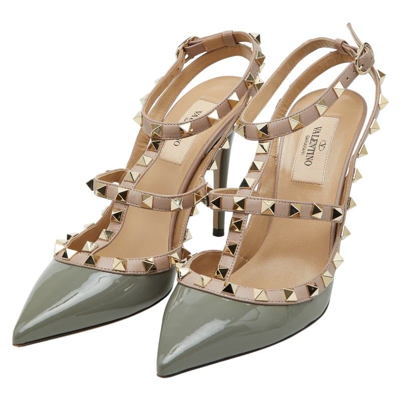 ヴァレンティノ ロックスタッズ パンプス ハイヒール ポインテッドトゥ サイズ37 グレー系 ピンク系 エナメル レディース 1-0248183