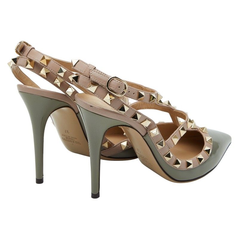 ヴァレンティノ ロックスタッズ パンプス ハイヒール ポインテッドトゥ サイズ37 グレー系 ピンク系 エナメル レディース 1-0248183