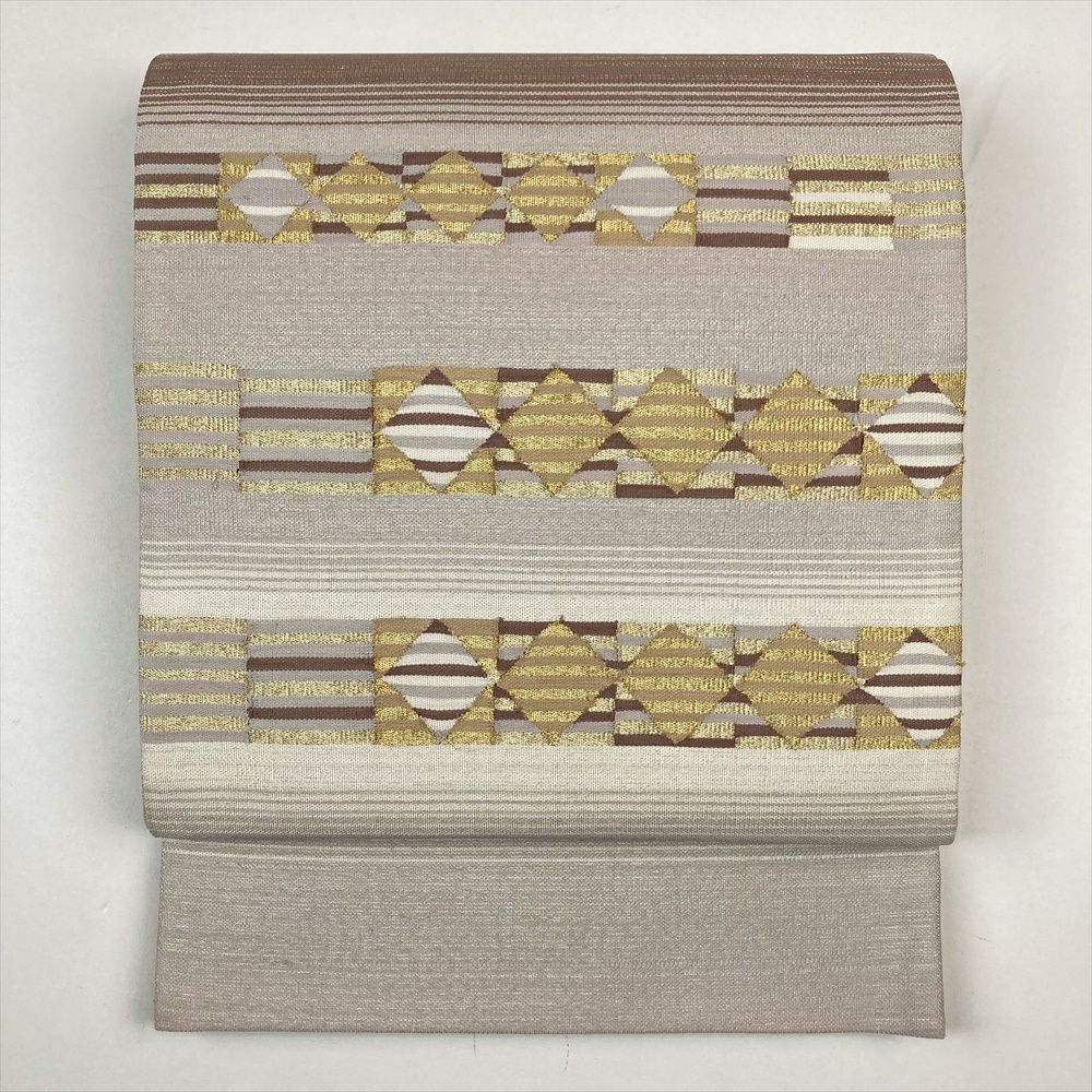 たんす屋 リユース帯 帯 袋帯 ベージュ セミフォーマル カジュアル 六通 金糸 横段 幾何学
