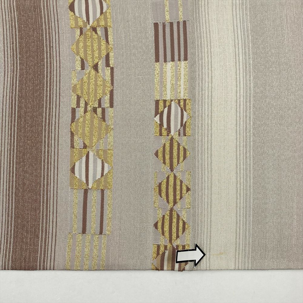  たんす屋 リユース帯 帯 袋帯 ベージュ セミフォーマル カジュアル 六通 金糸 横段 幾何学 袋帯 帯