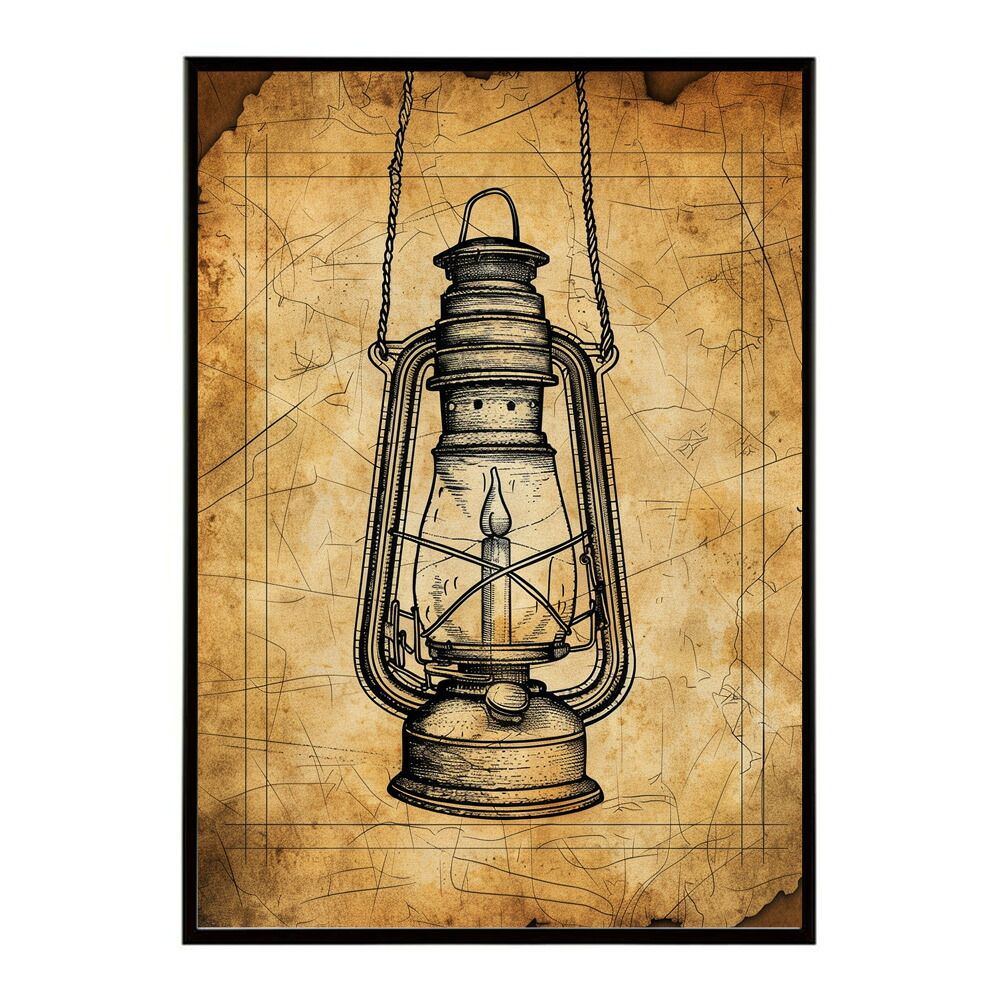 【A1サイズ（約59x84cm）】【lm-poster-4162】【フレーム付き】ランタン キャンプ 明かり ランプ グランピング レトロ ビンテージ ポスター イラスト