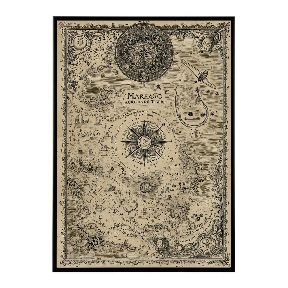 A 約59 x 84 cm lm poster 4269 フレーム付き ファンタジーマップ 地図 宝 トレジャー 異世界 海賊 レトロ ビンテージ 紙 古い ポスター イラスト