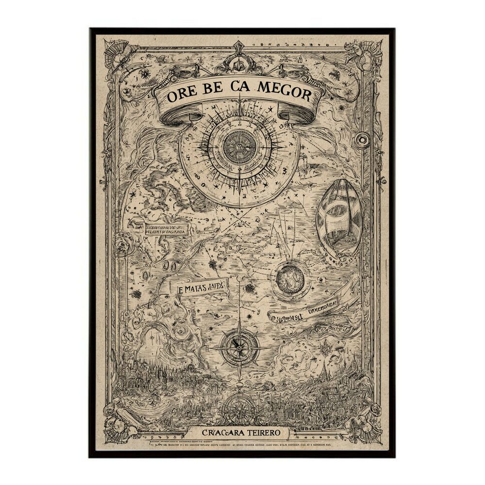 A 約42 x 59 cm lm poster 4277 フレーム付き ファンタジーマップ 地図 宝 トレジャー 異世界 海賊 レトロ ビンテージ 紙 古い ポスター イラスト