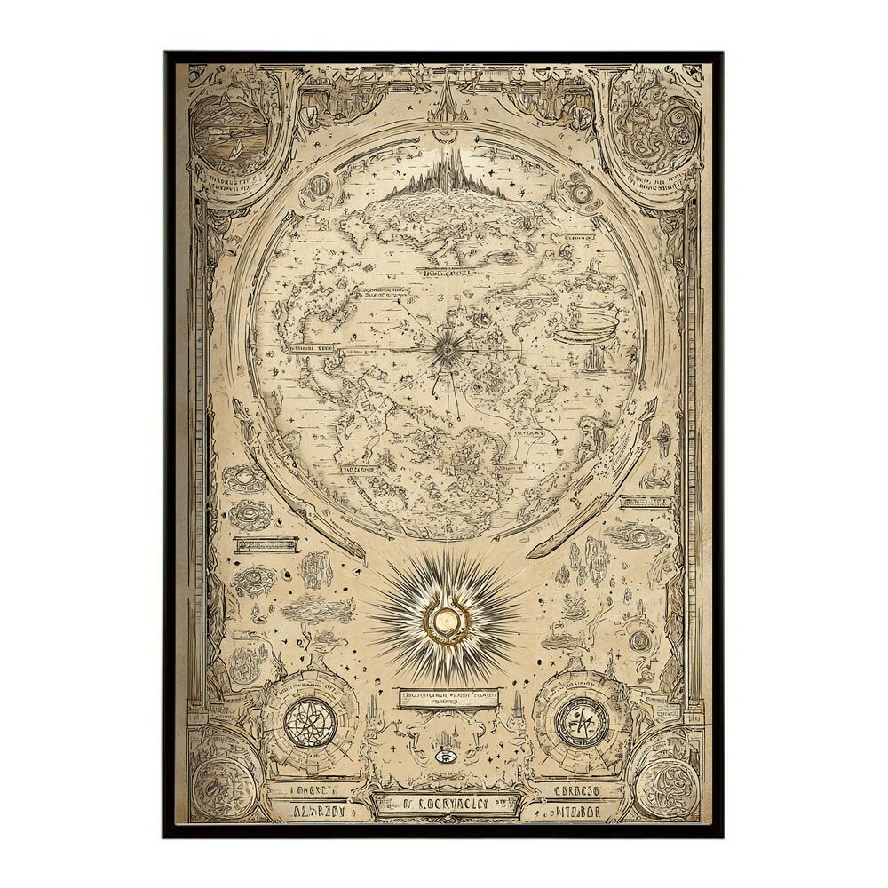 A 約42 x 59 cm lm poster 4278 フレーム付き ファンタジーマップ 地図 宝 トレジャー 異世界 海賊 レトロ ビンテージ 紙 古い ポスター イラスト