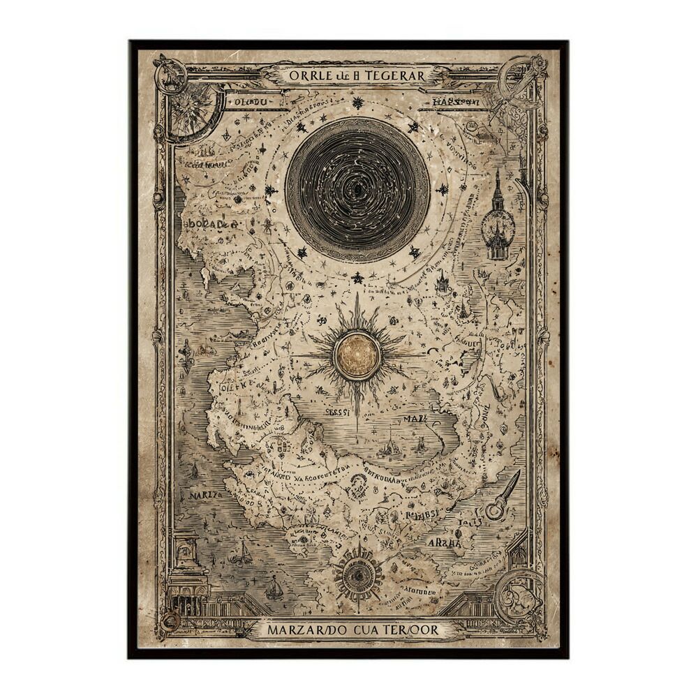 A 約59 x 84 cm lm-poster-4286 フレーム付き ファンタジーマップ 地図 宝 トレジャー 異世界 海賊 レトロ ビンテージ 紙 古い ポスター イラスト