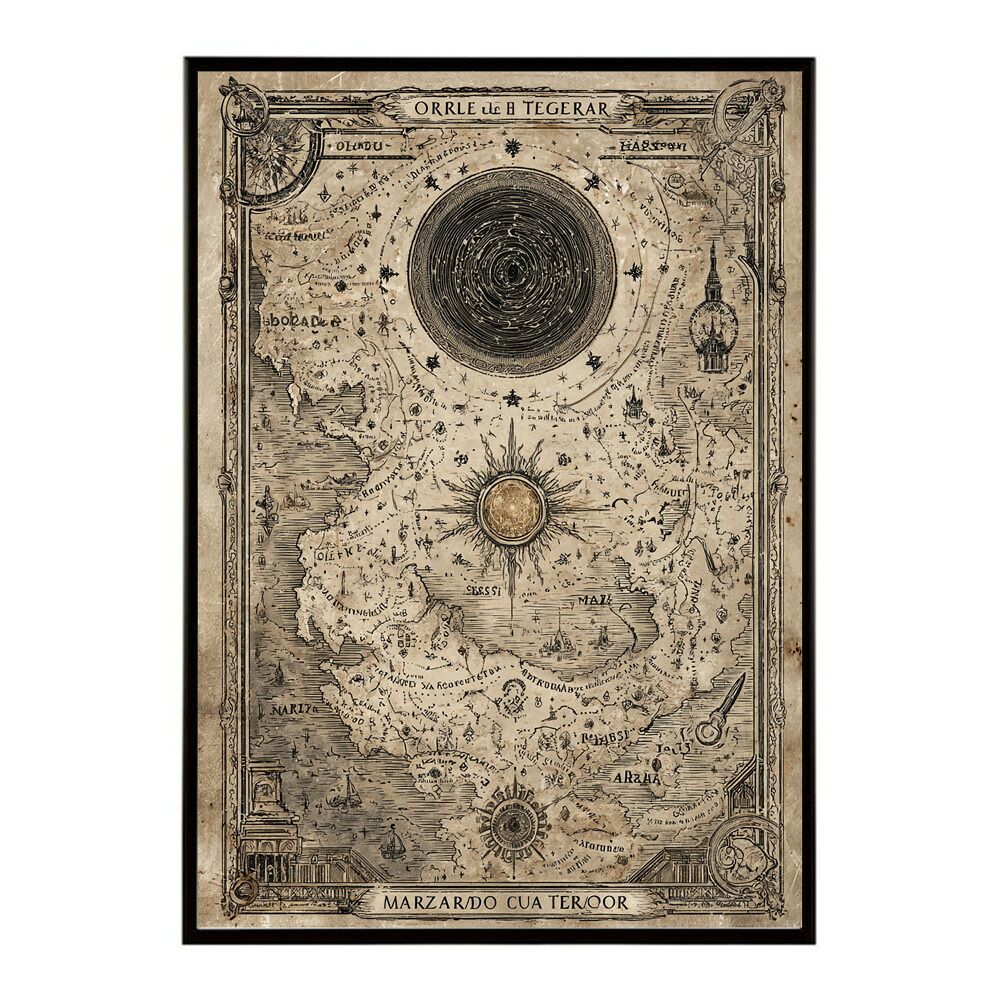 B 約51 x 73 cm lm-poster-4286 フレーム付き ファンタジーマップ 地図 宝 トレジャー 異世界 海賊 レトロ ビンテージ 紙 古い ポスター イラスト