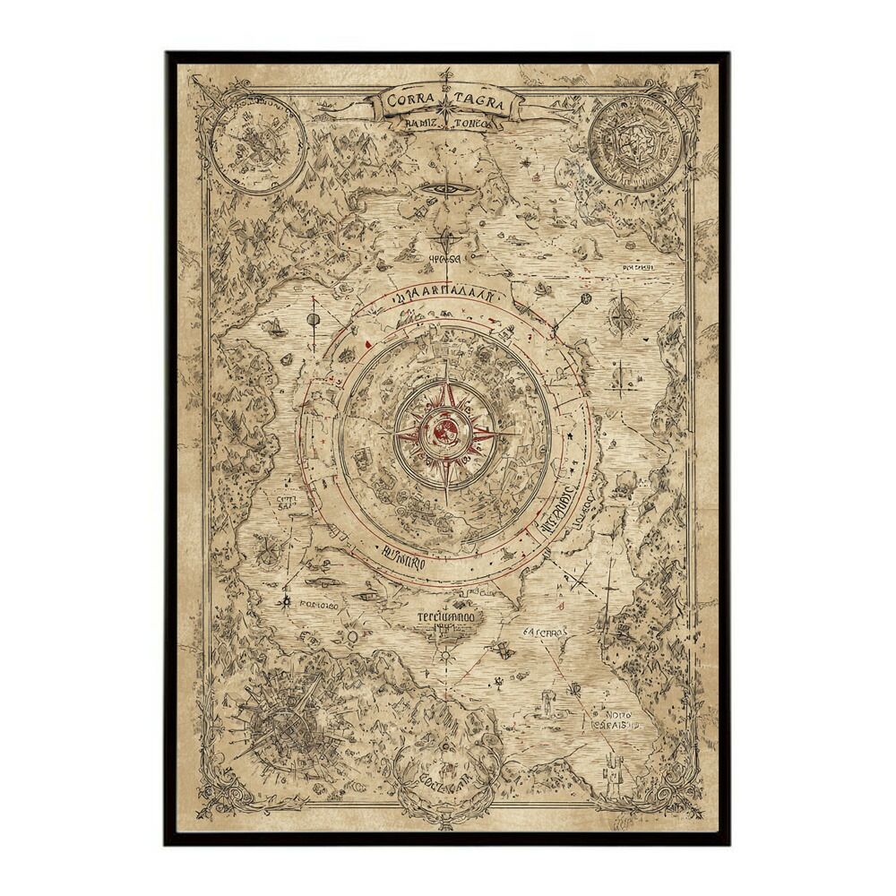 A 約59 x 84 cm lm-poster-4289 フレーム付き ファンタジーマップ 地図 宝 トレジャー 異世界 海賊 レトロ ビンテージ 紙 古い ポスター イラスト