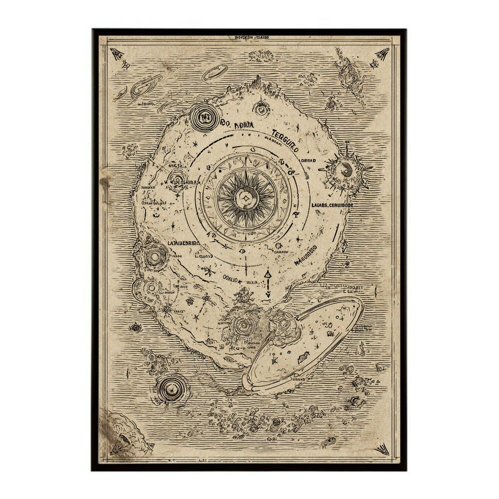 A 約42 x 59 cm lm-poster-4291 フレーム付き ファンタジーマップ 地図 宝 トレジャー 異世界 海賊 レトロ ビンテージ 紙 古い ポスター イラスト