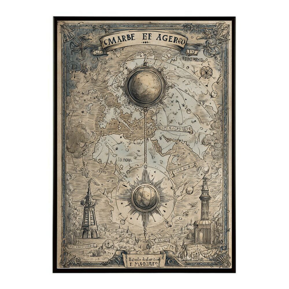 A 約42 x 59 cm lm-poster-4294 フレーム付き ファンタジーマップ 地図 宝 トレジャー 異世界 海賊 レトロ ビンテージ 紙 古い ポスター イラスト