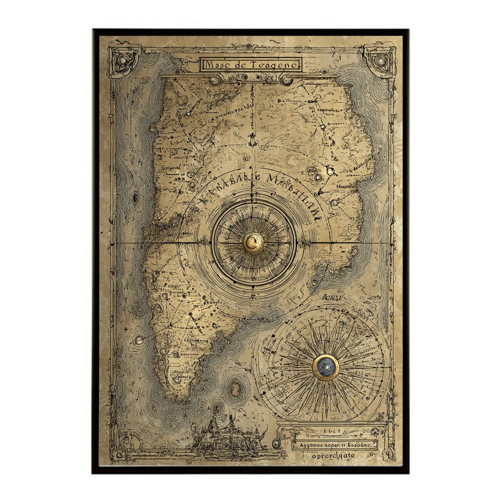 A 約42 x 59 cm lm poster 4295 フレーム付き ファンタジーマップ 地図 宝 トレジャー 異世界 海賊 レトロ ビンテージ 紙 古い ポスター イラスト