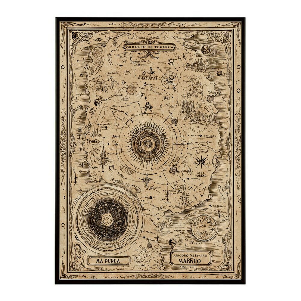 A 約42 x 59 cm lm-poster-4305 フレーム付き ファンタジーマップ 地図 宝 トレジャー 異世界 海賊 レトロ ビンテージ 紙 古い ポスター イラスト