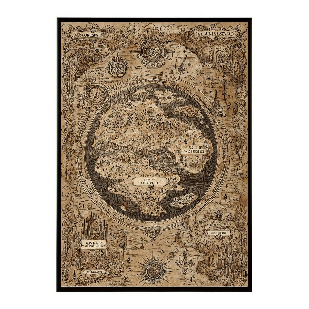 A 約84 x 119 cm lm-poster-4317 フレーム付き ファンタジーマップ 地図 宝 トレジャー 異世界 海賊 レトロ ビンテージ 紙 古い ポスター イラスト