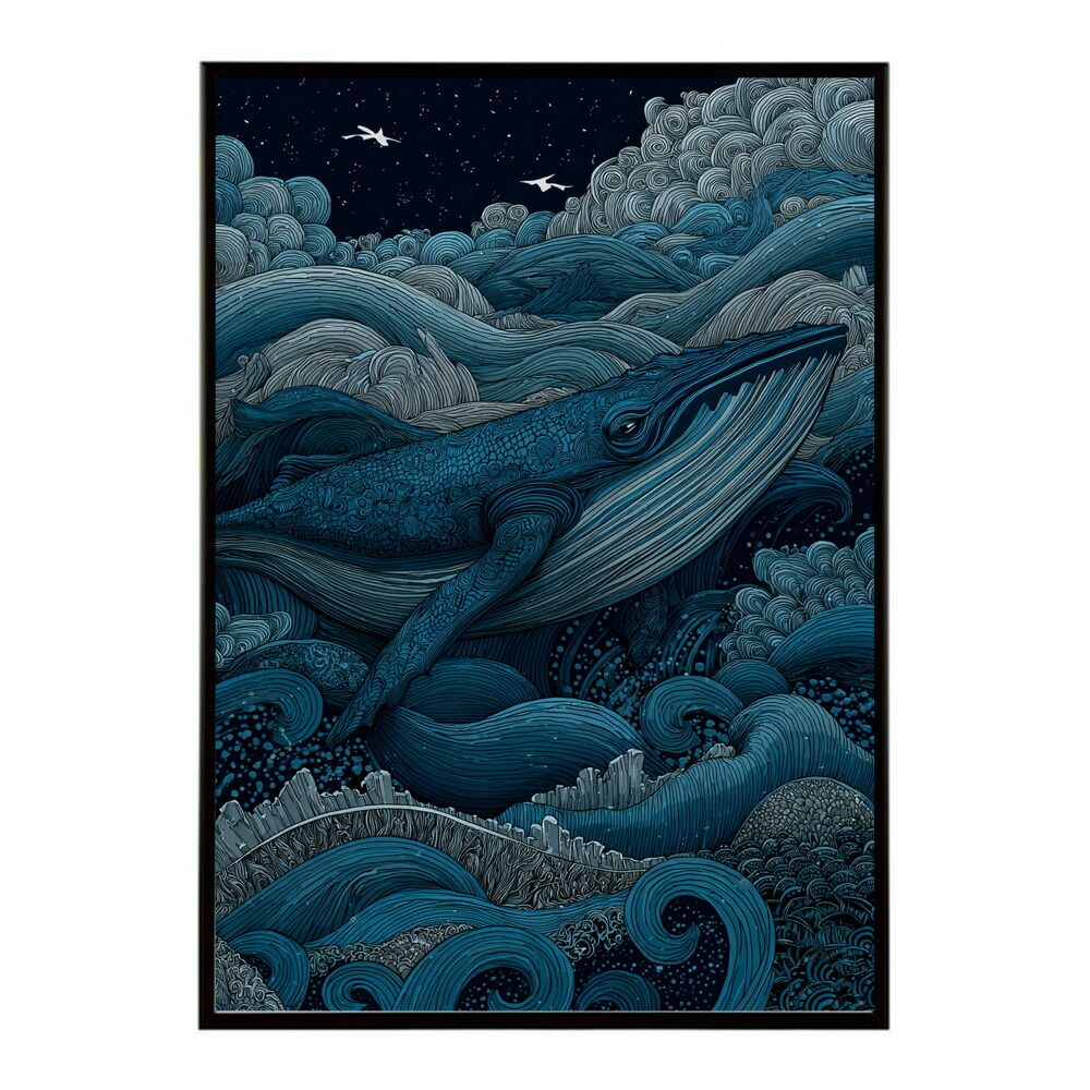 【B2サイズ（約51x73cm）】【lm-poster-4499】【フレーム付き】クジラ ホエール 海 魚 ブルー 青 ocean オーシャン アクア 水族館 イルカ 海洋 ポスター イラスト