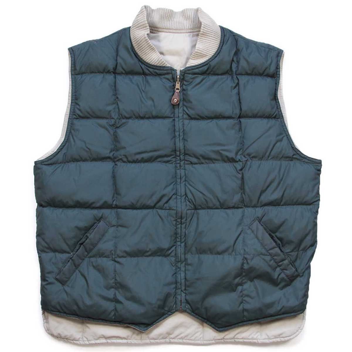 90 s EddieBauerエディーバウアー リバーシブル ダウンベスト 深緑 グレーベージュ L ビンテージ アウトドア キャンプ 黒タグ