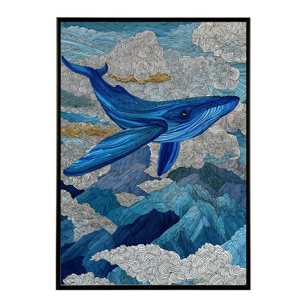 海の生き物の絵 【B2サイズ 自作】 A2サイズ（約42x59cm）】【lm-poster-4522】【フレーム付き】クジラ