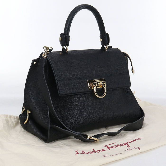 中古良品FERRAGAMO フェラガモ ハンドバッグ 21 E530 2WAY ガンチーニ レディース ブラック FERRAGAMO フェラガモ 2WAY ガンチーニ 21 E530 ハンドバッグ カーフ