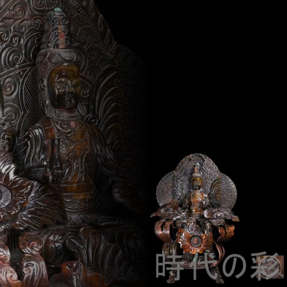 中国古美術『珍蔵 牛角 蓮花観音像 大型』牛角彫刻 仏教美術 観音菩薩