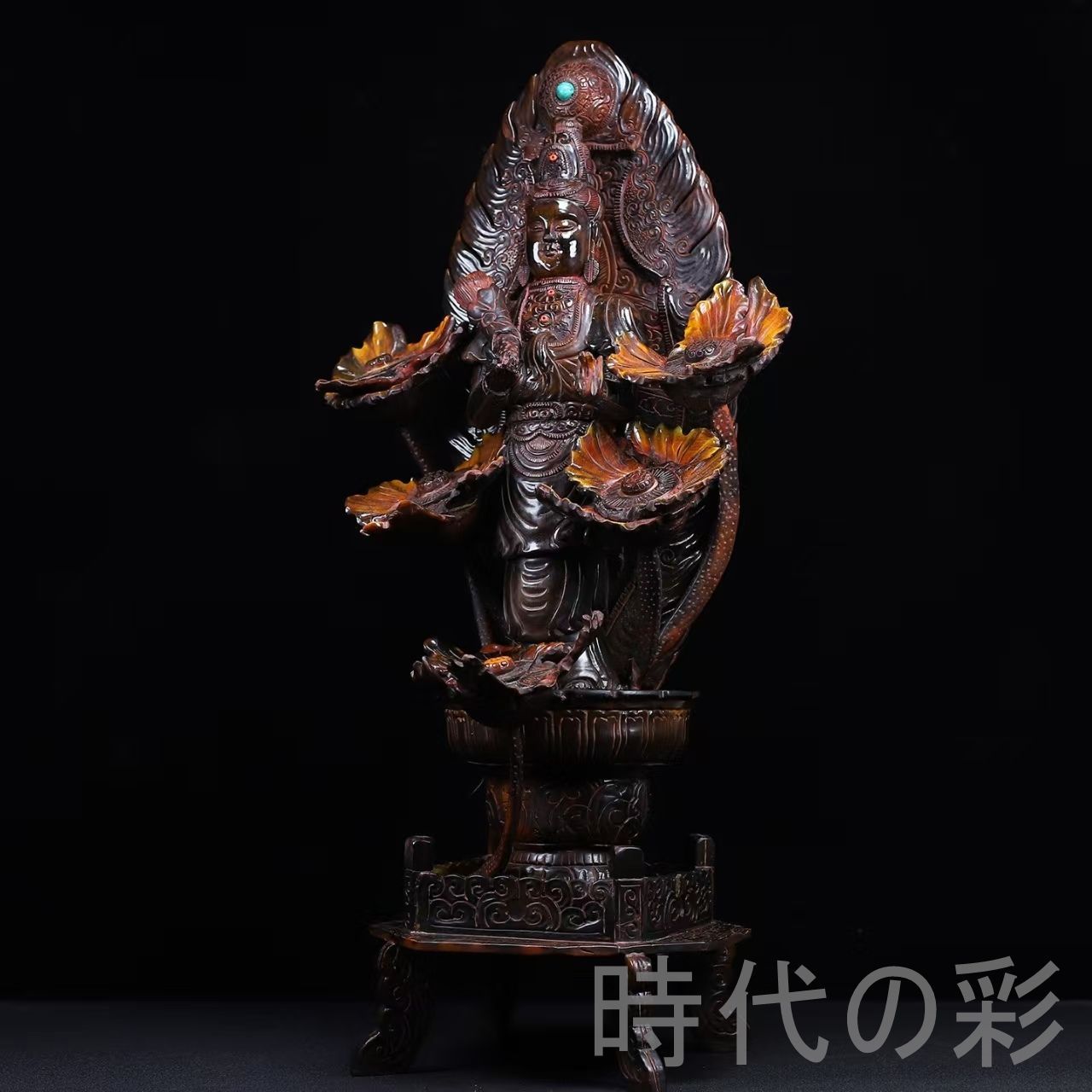 中国古美術『珍蔵 牛角 蓮花観音像 大型』牛角彫刻 仏教美術 観音菩薩