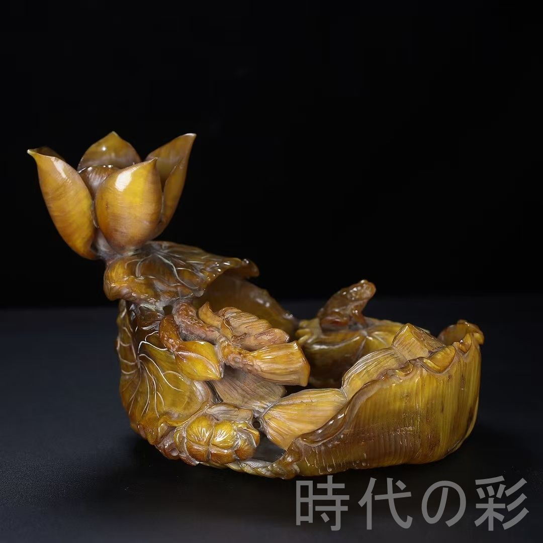 中国古美術 牛角 透彫 蓮花 青蛙 筆洗 牛角彫刻 文房具 文房清玩 吉祥 唐物 細工 古玩 古美味 古賞物 古置物