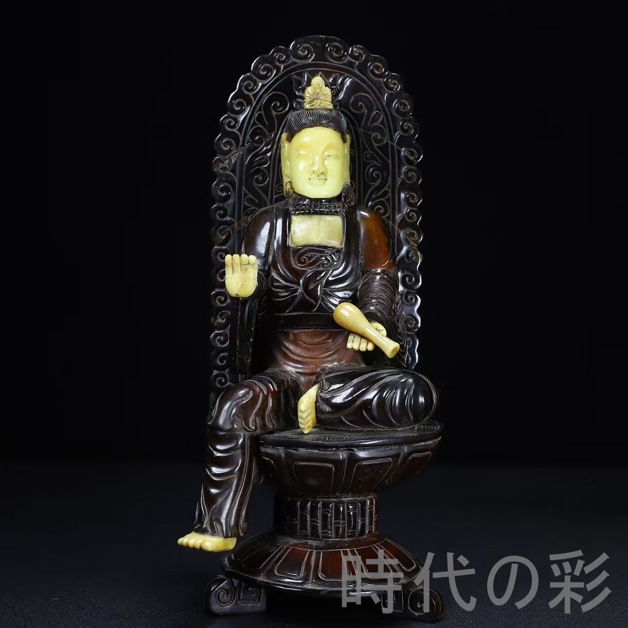 中国古美術 旧蔵 牛角×牛骨 背光観音像 牛角彫刻 仏教美術 観音菩薩 守護 開運 唐物 細工 古玩 古美味 古賞物 古置物