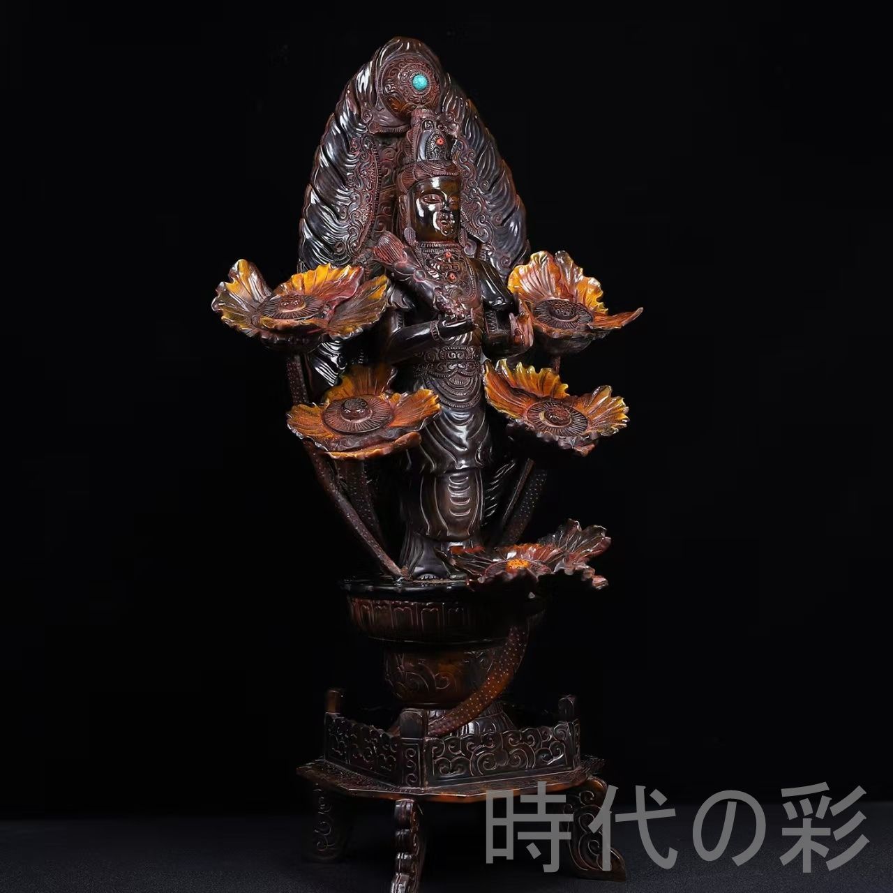 中国古美術『珍蔵 牛角 蓮花観音像 大型』牛角彫刻 仏教美術 観音菩薩