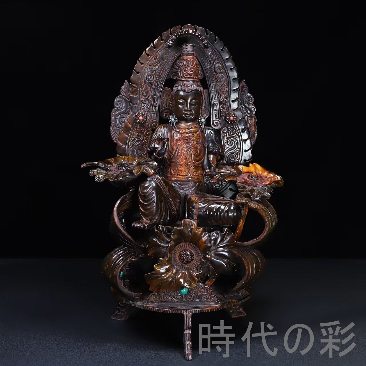 中国古美術 珍蔵 牛角 蓮花観音像 牛角彫刻 仏教美術 観音菩薩 開運 守護 唐物 細工 古玩 古美味 古賞物 古置物