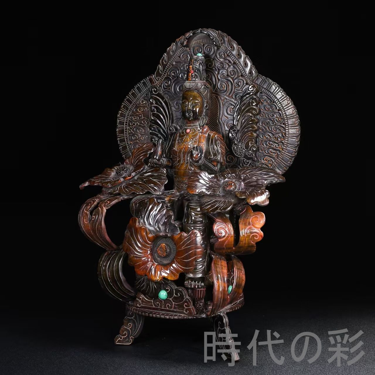 中国美術　置物　唐物　観音　弁財天　古美術品　 マンモス牙彫　細密細工　骨董 中国古美術『珍蔵 牛角 蓮花観音像 大型』牛角彫刻 仏教美術 観音菩薩