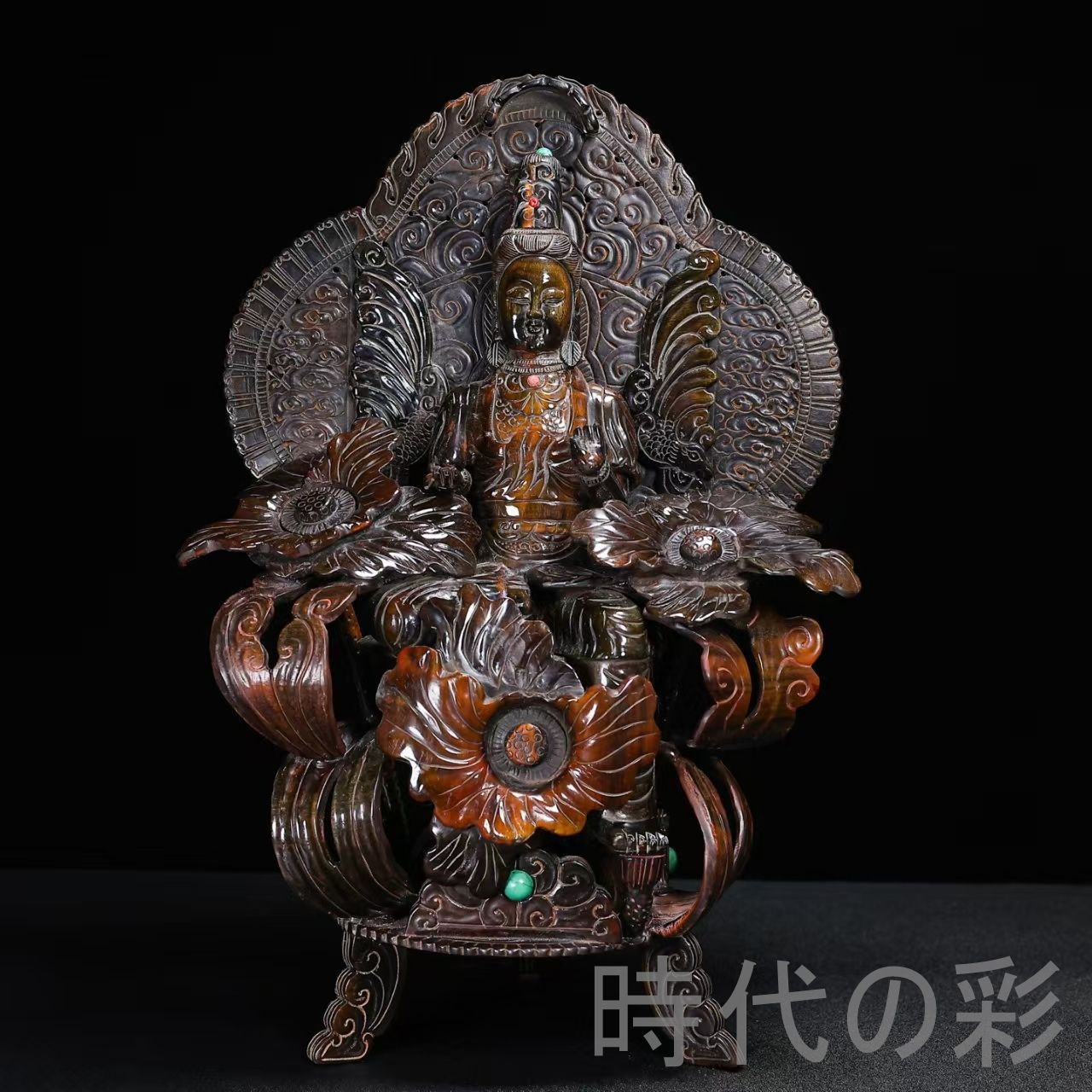 中国古美術『珍蔵 牛角 蓮花観音像 大型』牛角彫刻 仏教美術 観音菩薩