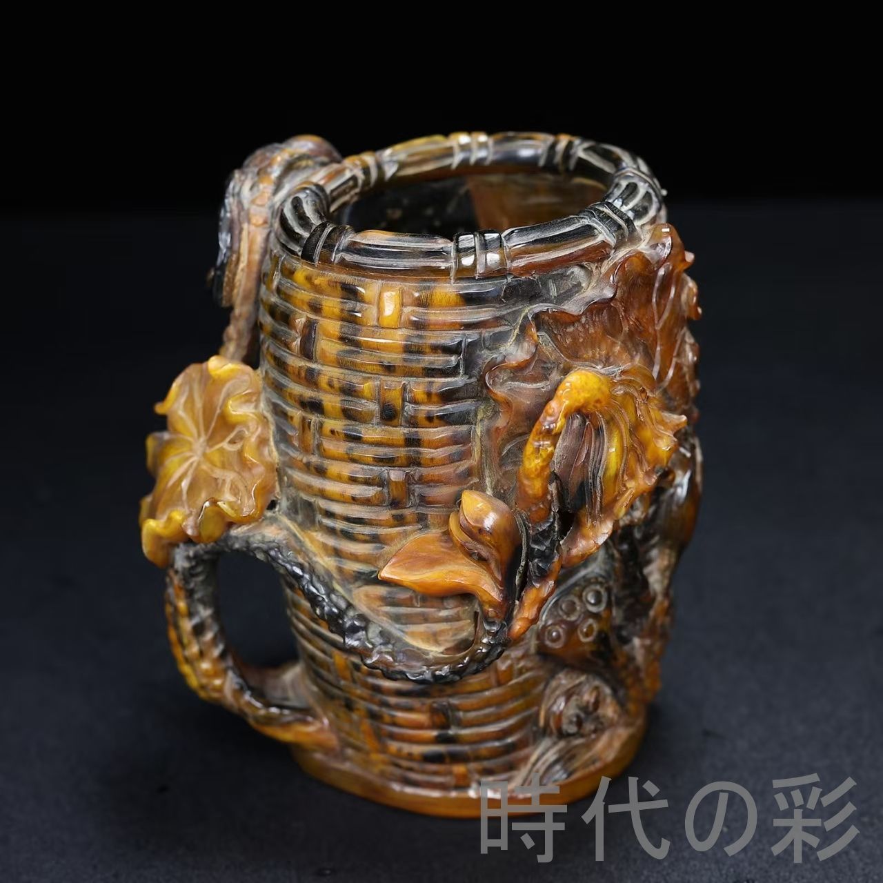 中国古美術『旧蔵 牛角 蓮花 魚文 編紋 筆筒』牛角彫刻 文房清玩 吉祥