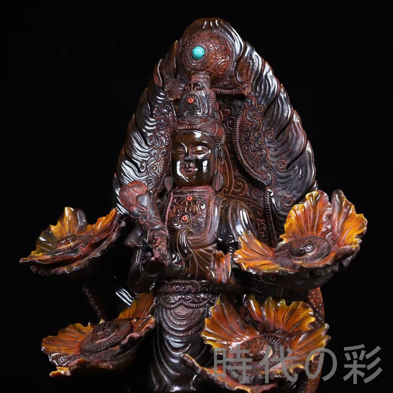 中国古美術『珍蔵 牛角 蓮花観音像 大型』牛角彫刻 仏教美術 観音菩薩