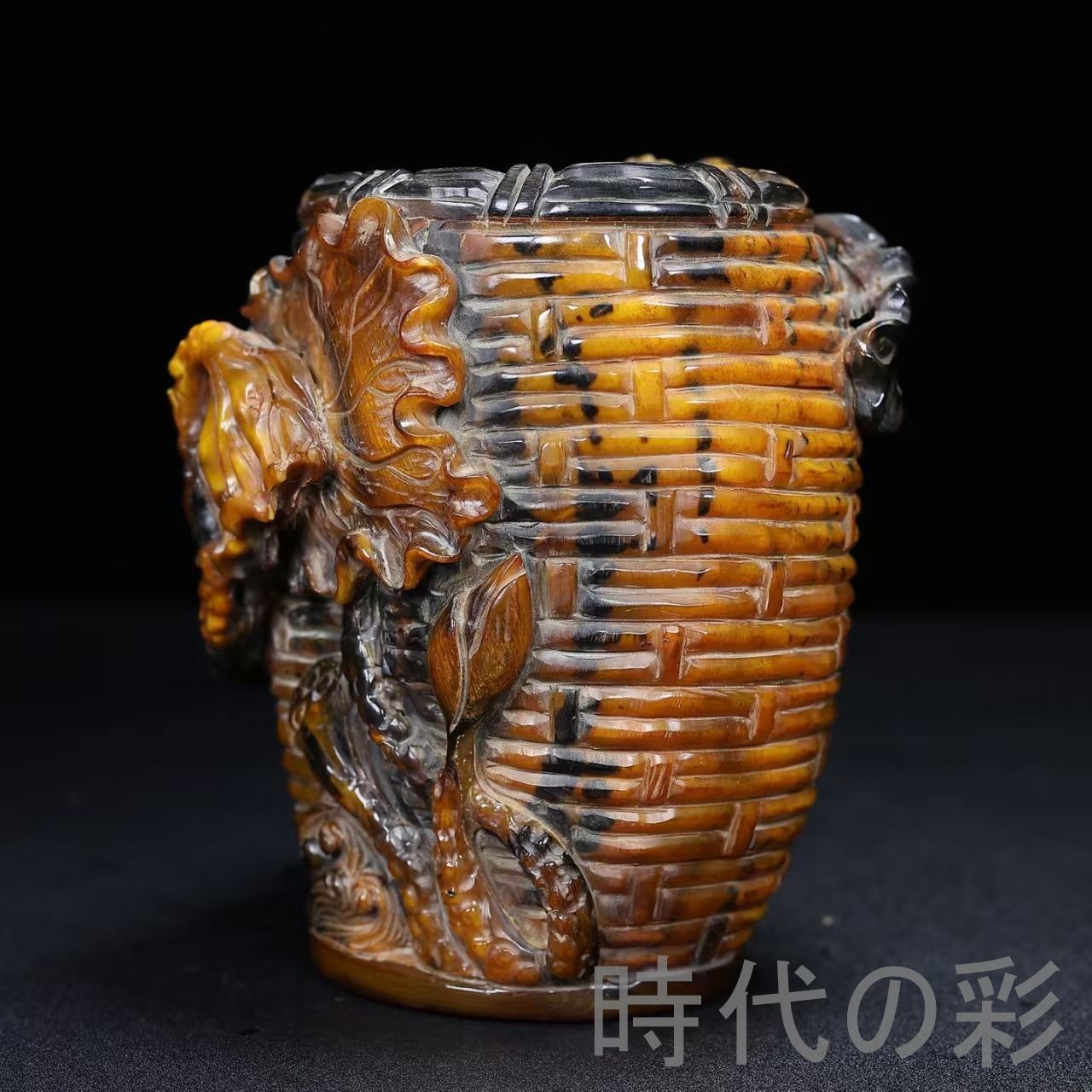 中国古美術『旧蔵 牛角 蓮花 魚文 編紋 筆筒』牛角彫刻 文房清玩 吉祥