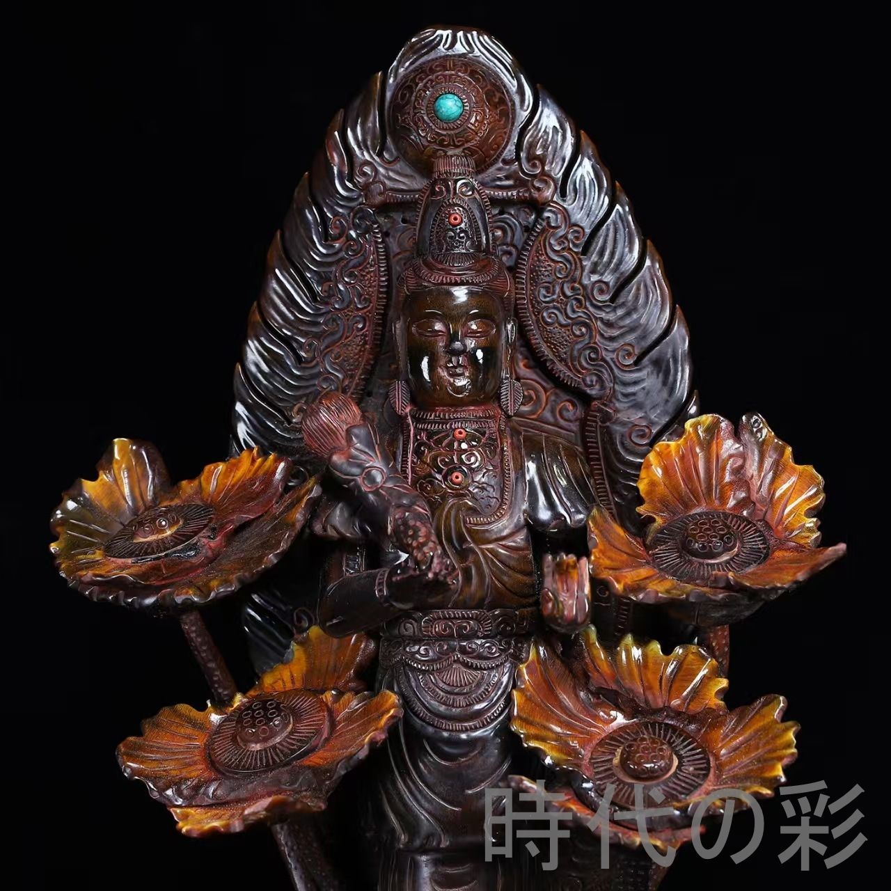 中国古美術『珍蔵 牛角 蓮花観音像 大型』牛角彫刻 仏教美術 観音菩薩