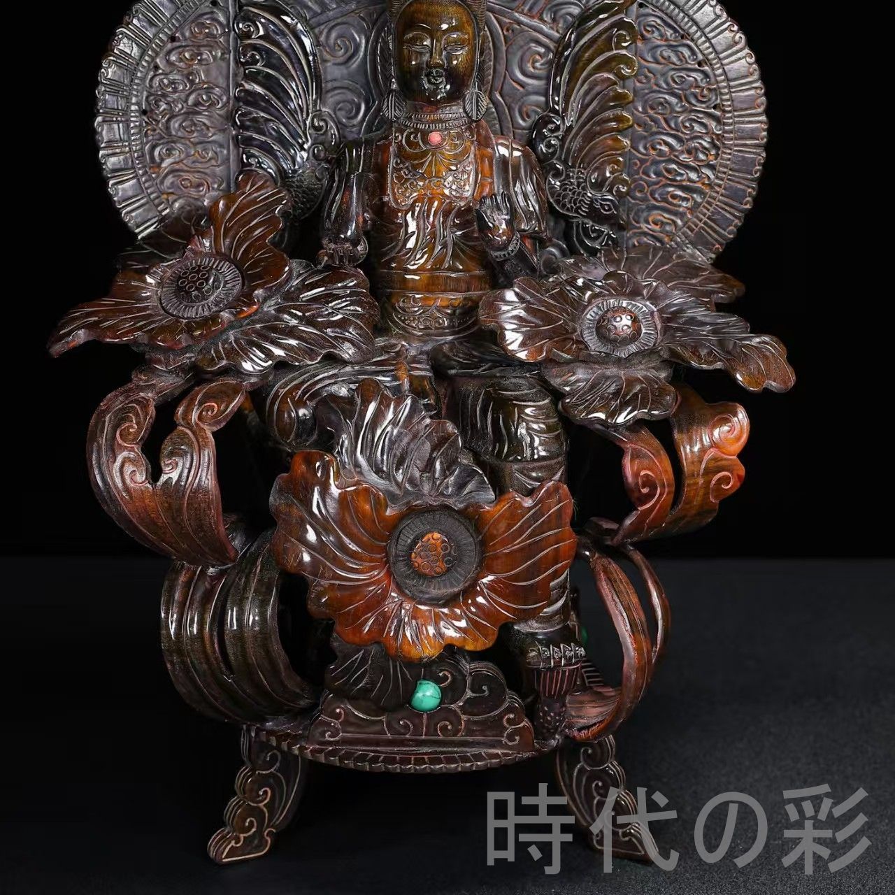 中国古美術『珍蔵 牛角 蓮花観音像 大型』牛角彫刻 仏教美術 観音菩薩