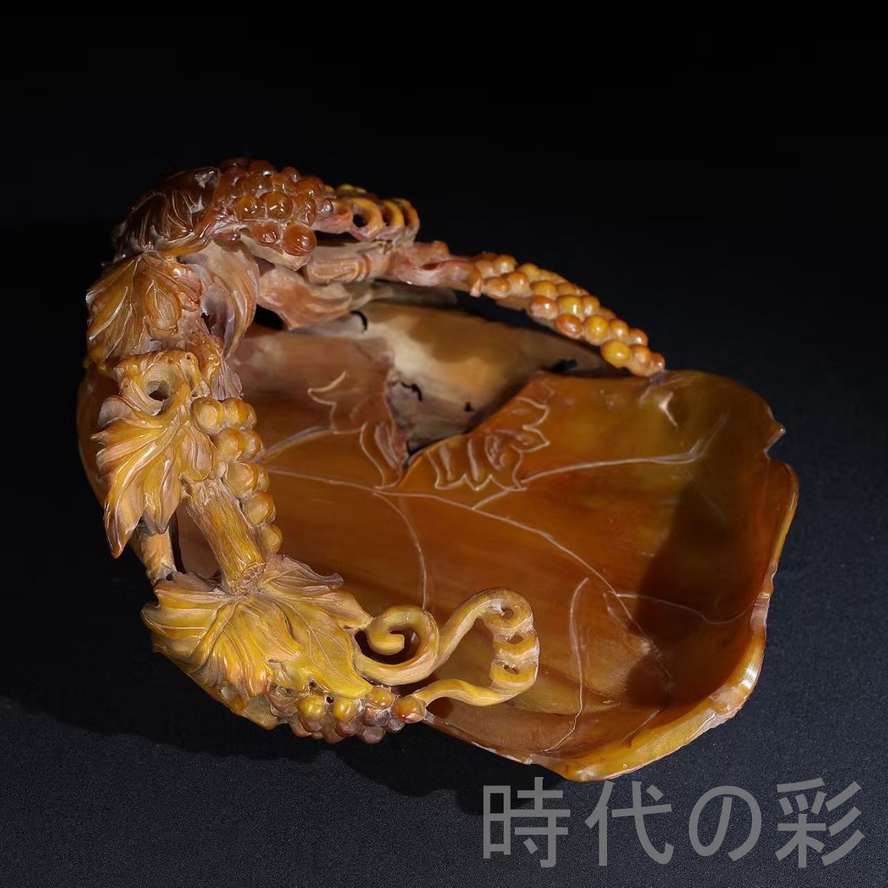 中国古美術 珍蔵 牛角 透彫 葡萄 筆洗 牛角彫刻 多子多福 吉祥 文房具 唐物 細工 古玩 古美味 古賞物 古置物