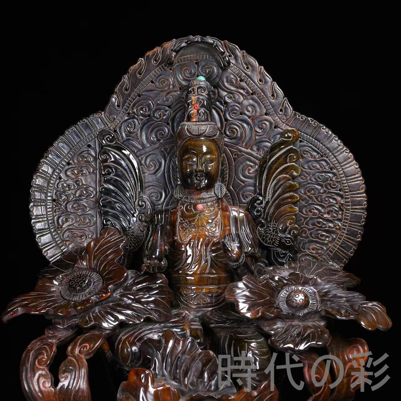 中国古美術『珍蔵 牛角 蓮花観音像 大型』牛角彫刻 仏教美術 観音菩薩