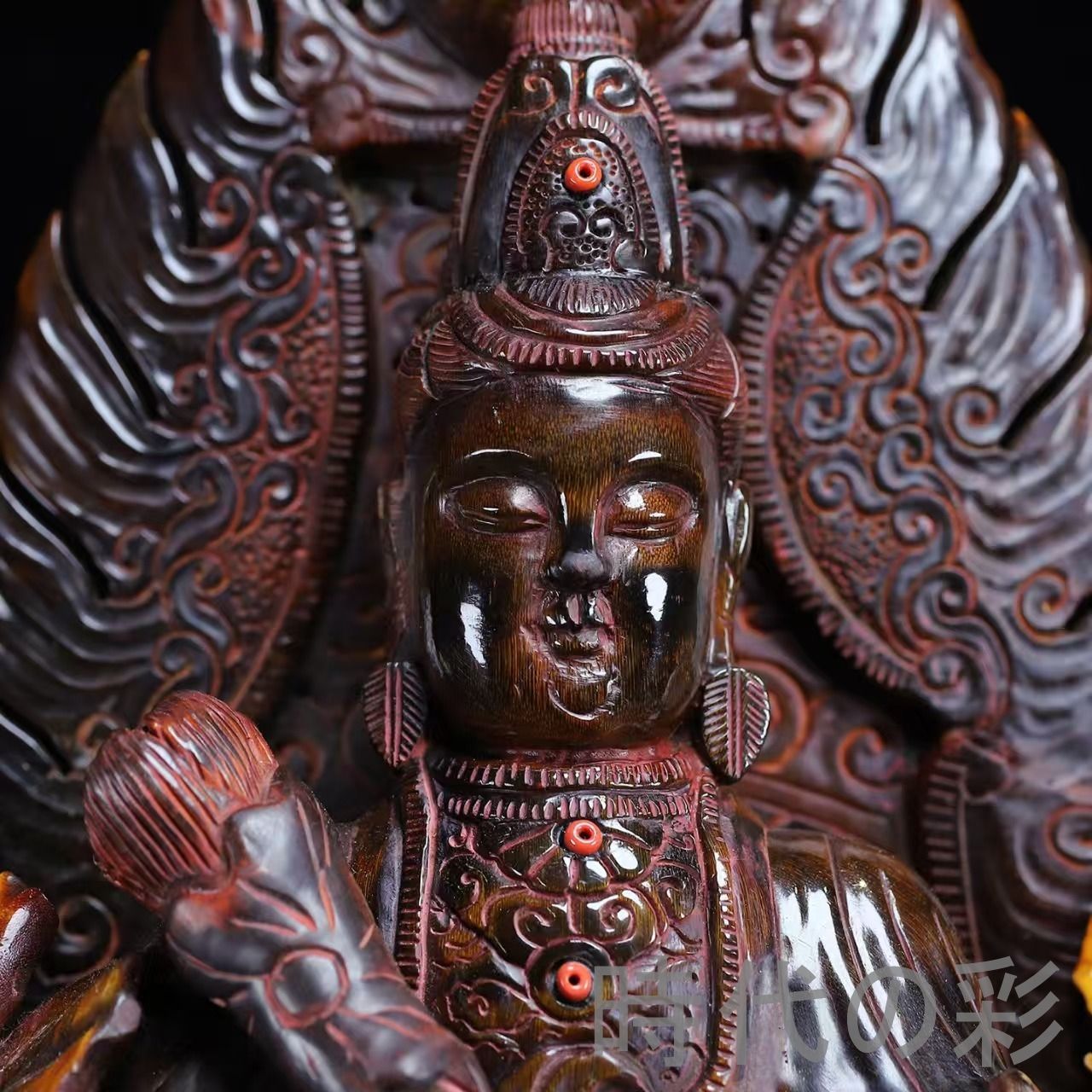 中国古美術『珍蔵 牛角 蓮花観音像 大型』牛角彫刻 仏教美術 観音菩薩