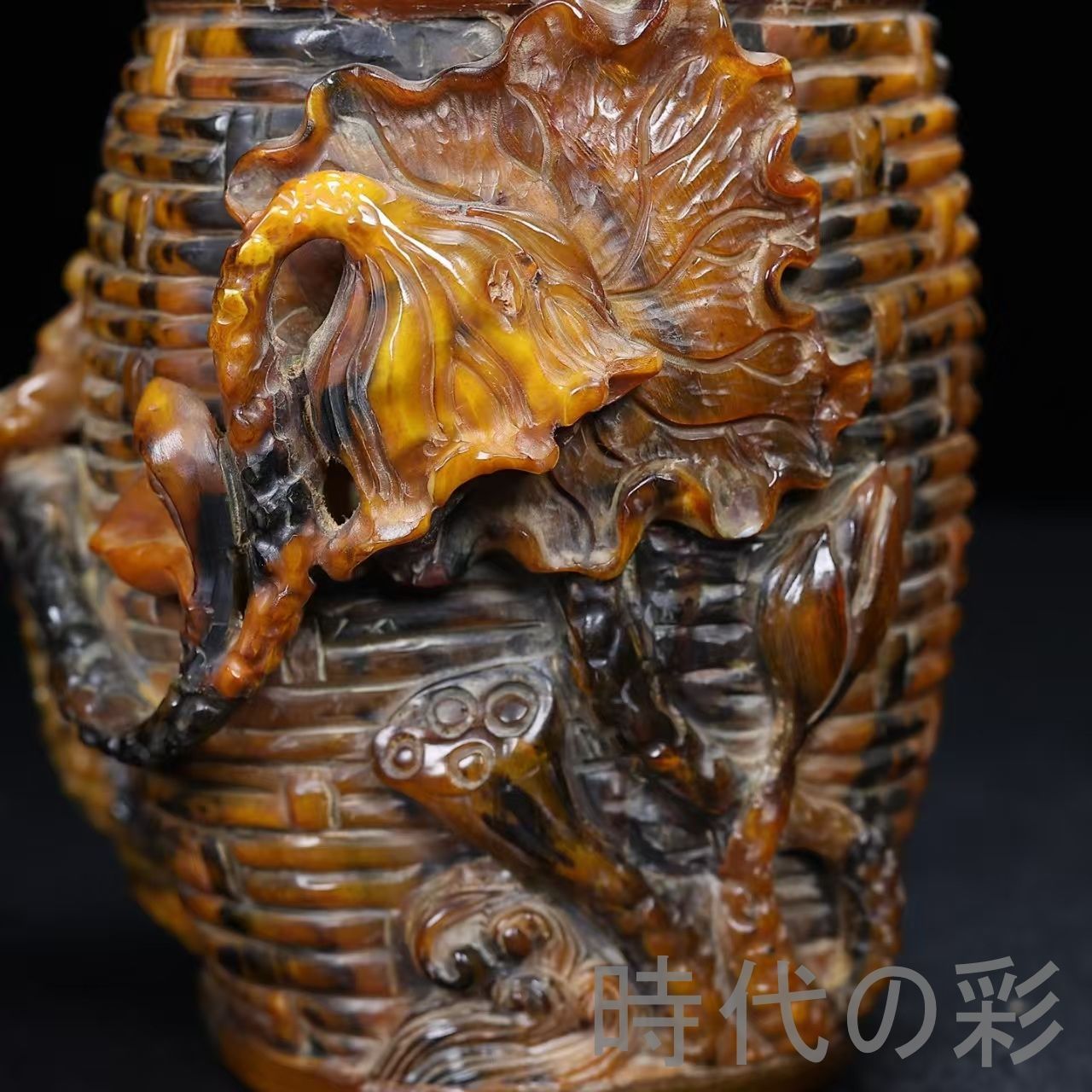 中国古美術『旧蔵 牛角 蓮花 魚文 編紋 筆筒』牛角彫刻 文房清玩 吉祥