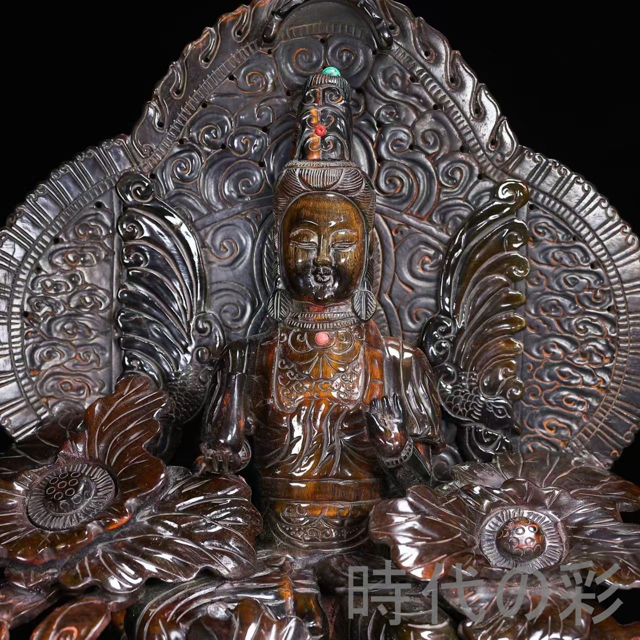 中国古美術『珍蔵 牛角 蓮花観音像 大型』牛角彫刻 仏教美術 観音菩薩