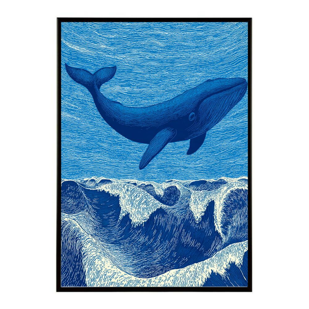 黄金の海を泳ぐクジラ、ゴールド色の画用紙、25,5cm×36,5cm A2サイズ（約42x59cm）】【lm-poster-4597】【フレーム付き】クジラ