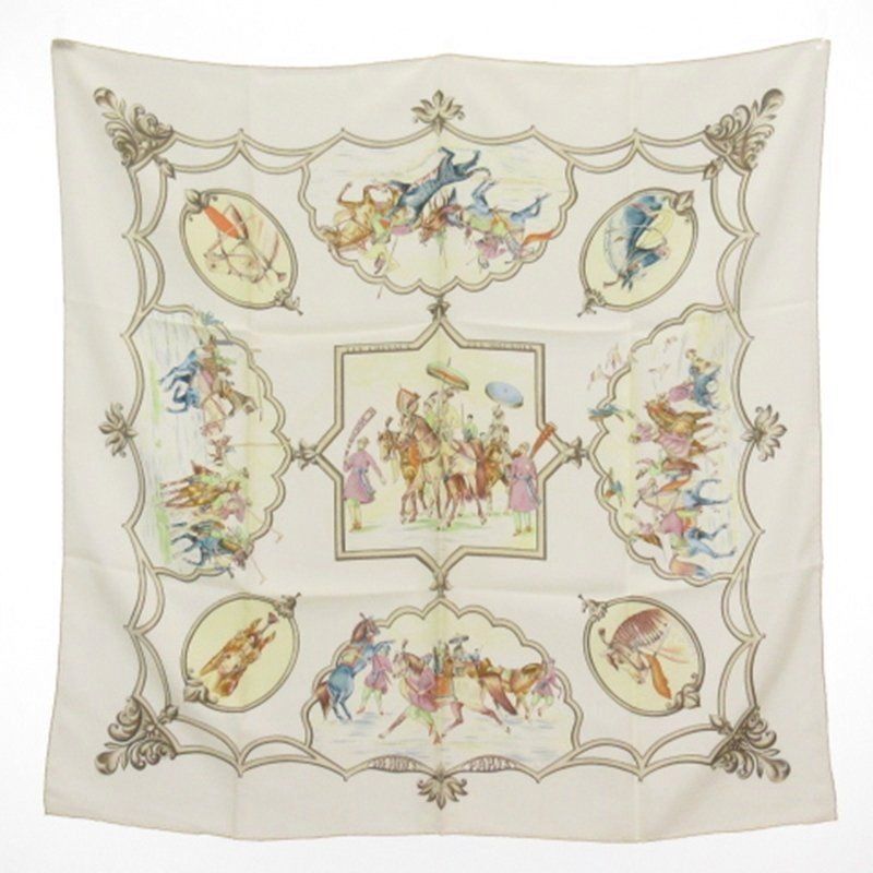 エルメス HERMES カレ90 ムガル王朝の馬 LES CHEVAUX DESMOGHOLS スカーフ ホワイト系