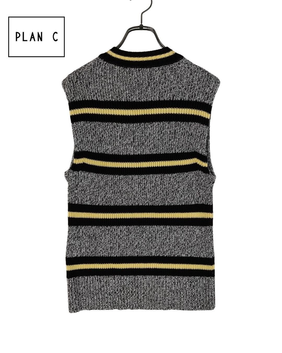 PLAN C プランシー Vネックボーダーウールニットベスト 36 クリームイエロー×ブラウン げ交渉