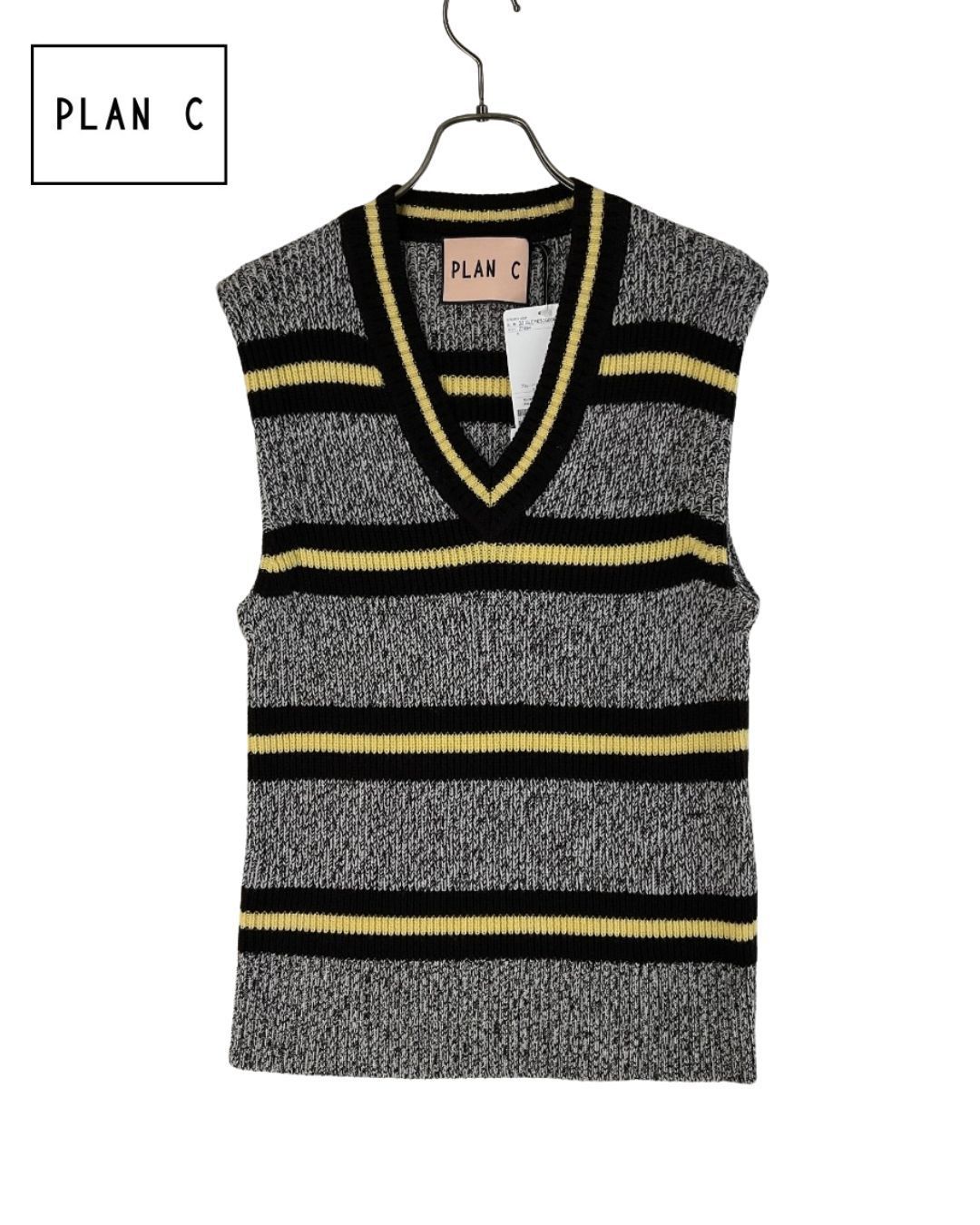 PLAN C プランシー Vネックボーダーウールニットベスト 38 クリームイエロー×ブラウン げ交渉