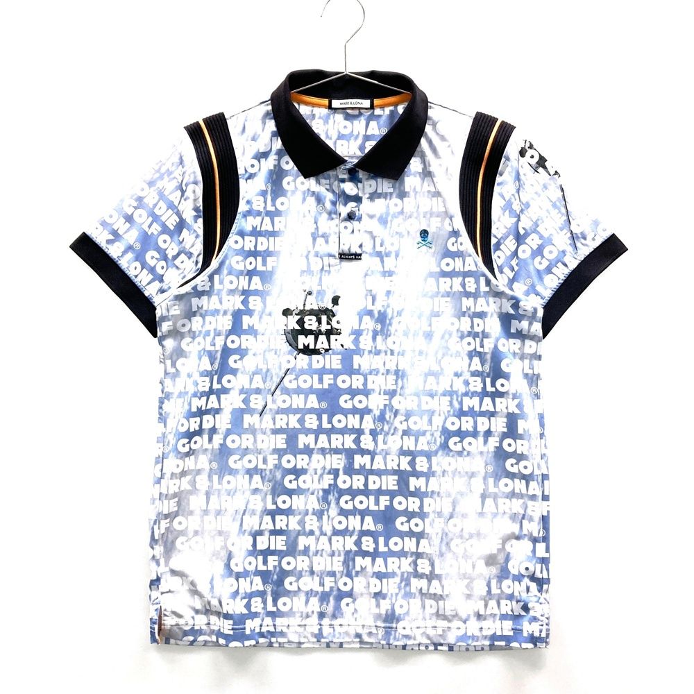 サイズ 48 MARK-LONA マークアンドロナ 半袖ポロシャツ 宇宙 ロゴ 総柄 ブルー系 ゴルフウェア メンズ ストスト