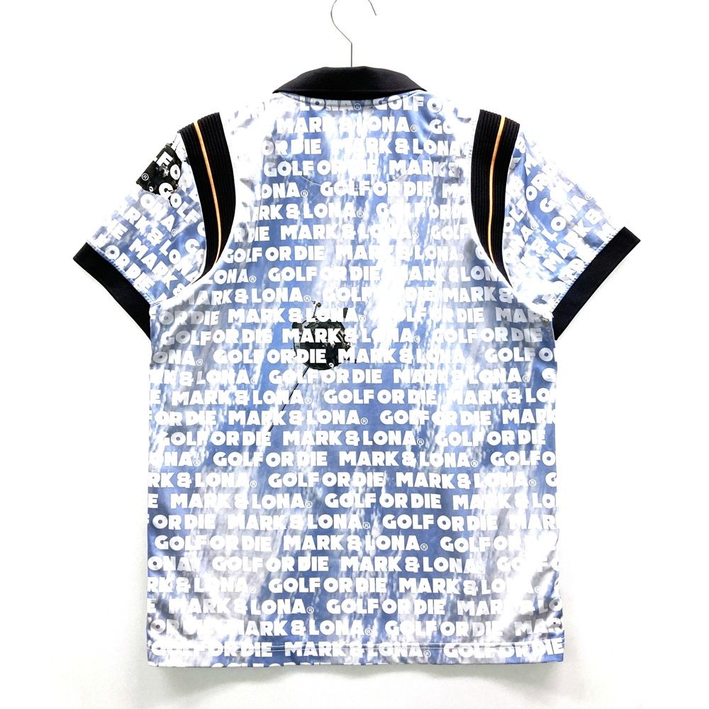 サイズ 48 MARK-LONA マークアンドロナ 半袖ポロシャツ 宇宙 ロゴ 総柄 ブルー系 ゴルフウェア メンズ ストスト