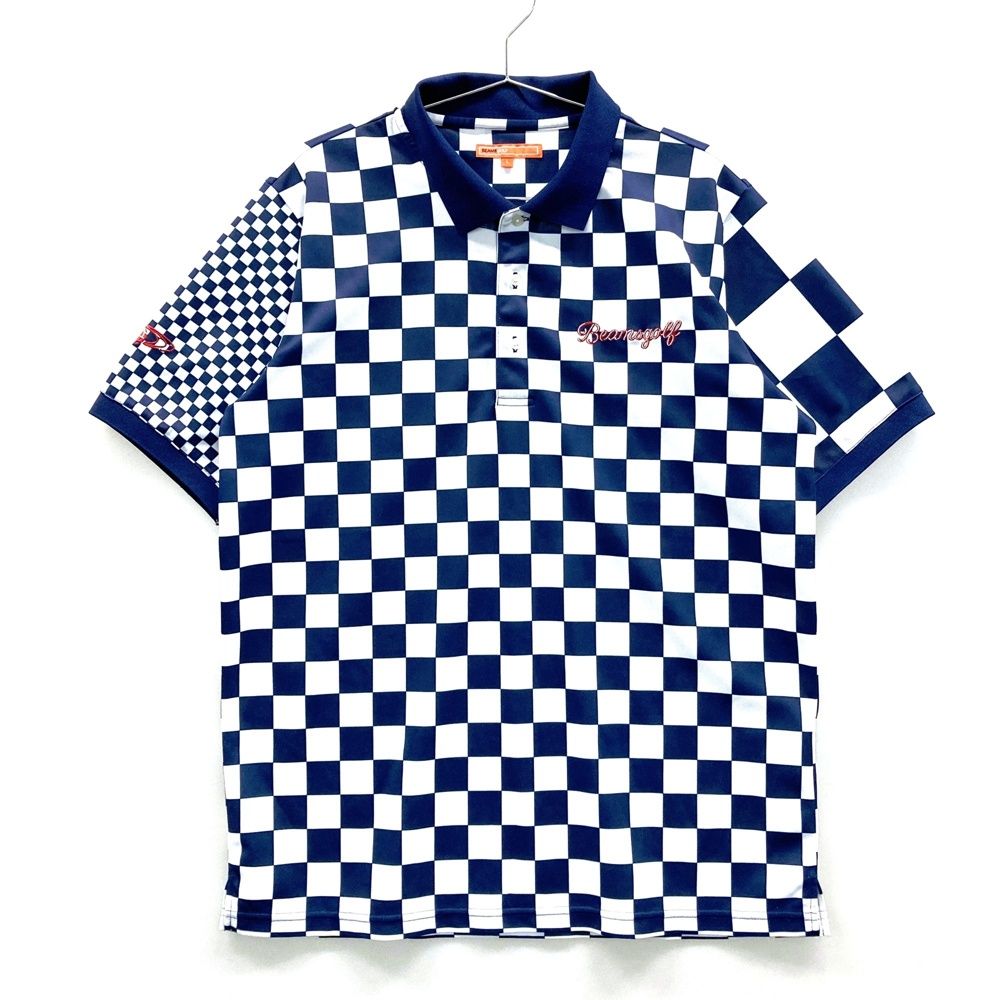 サイズ L BEAMS GOLF ビームスゴルフ 半袖ポロシャツ ブロック 総柄 ネイビー系 ゴルフウェア メンズ ストスト
