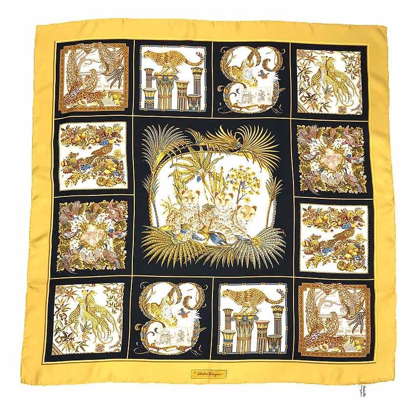 Ferragamo フェラガモ スカーフ シルク イエロー ブラック カレ トラ ヒョウ aq 12368