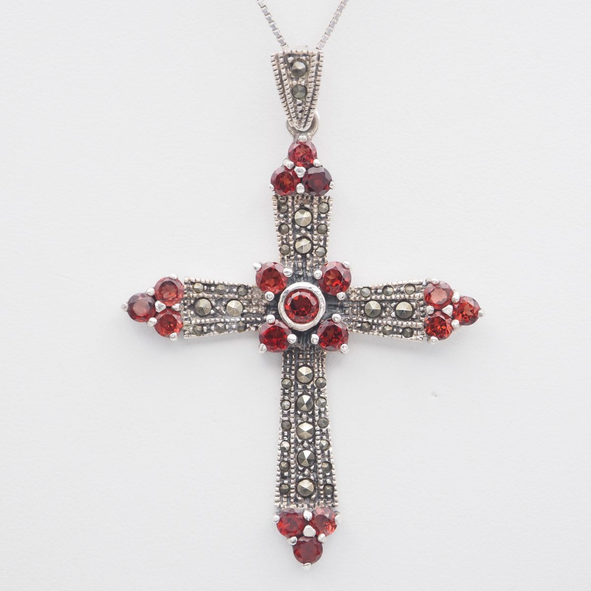 J 931 ガーネット マーカサイト マルカジット 925刻印 ペンダント トップ クロス デザイン シルバー チャーム ヘッド 誕生石